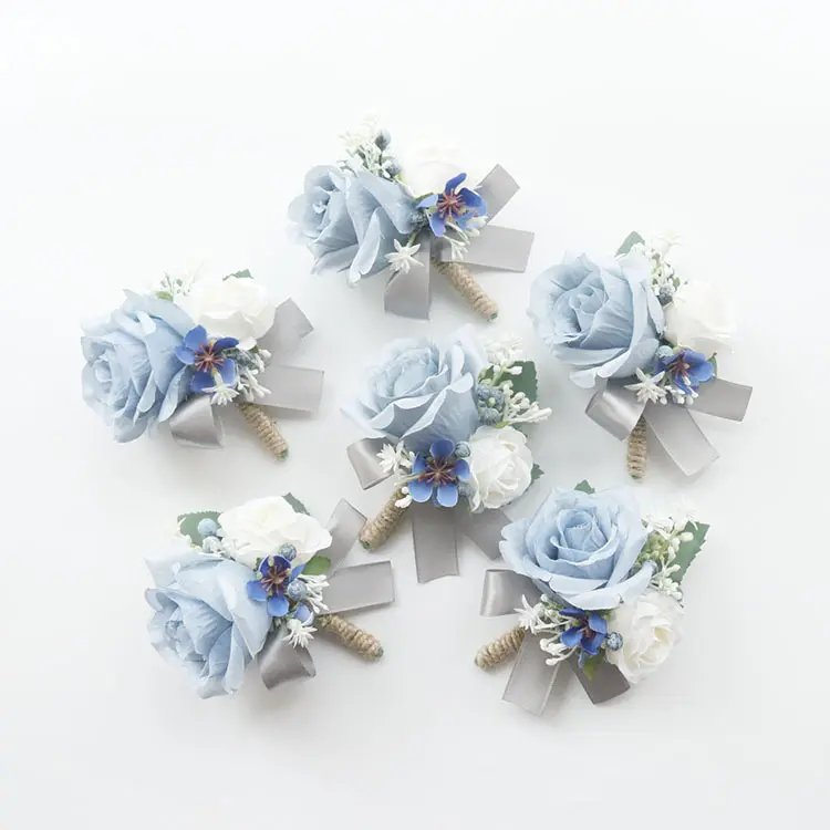 F2410 pulseira de flores de seda artificial cor azul céu, broche de corsage para noivos, flores de mão