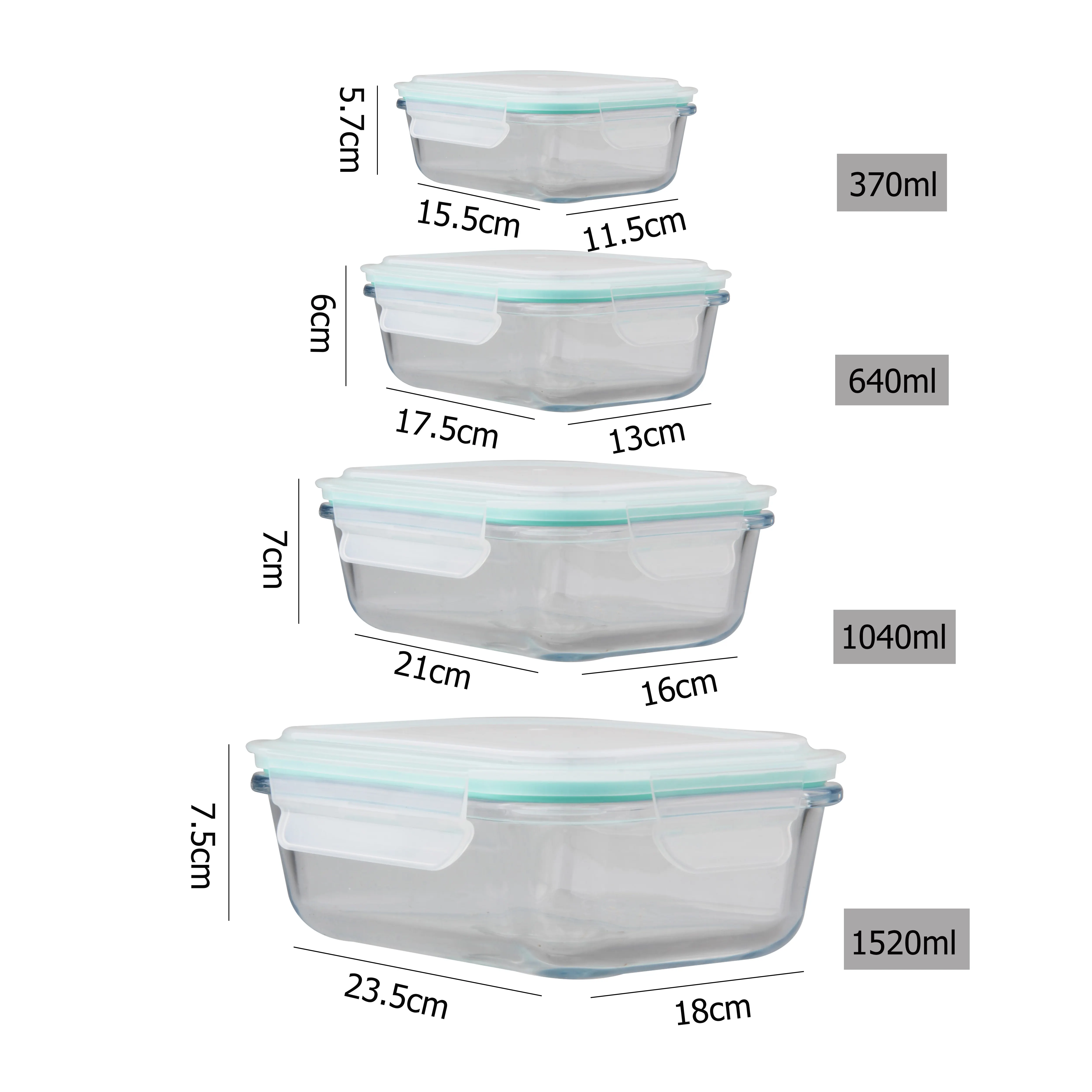 Recipiente de vidro retângulo hermético, conjunto de recipiente de vidro com tampa de fechamento plástico para armazenamento de cozinha, 1520ml/1040m/640ml/370ml