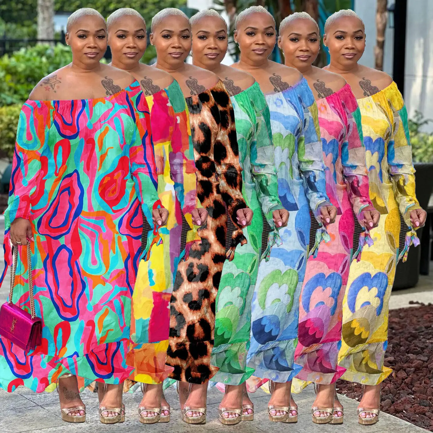 Fall Clothing For Women Plus Size Long Sleeved Off-the-shoulder Graphic Print Maxi Dress