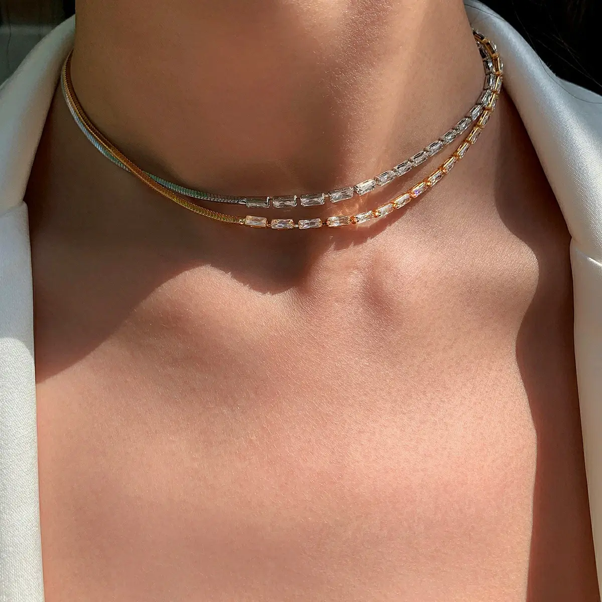 Cadena de serpiente con diamantes de imitación, gargantilla de oro y plata de 18k de lujo