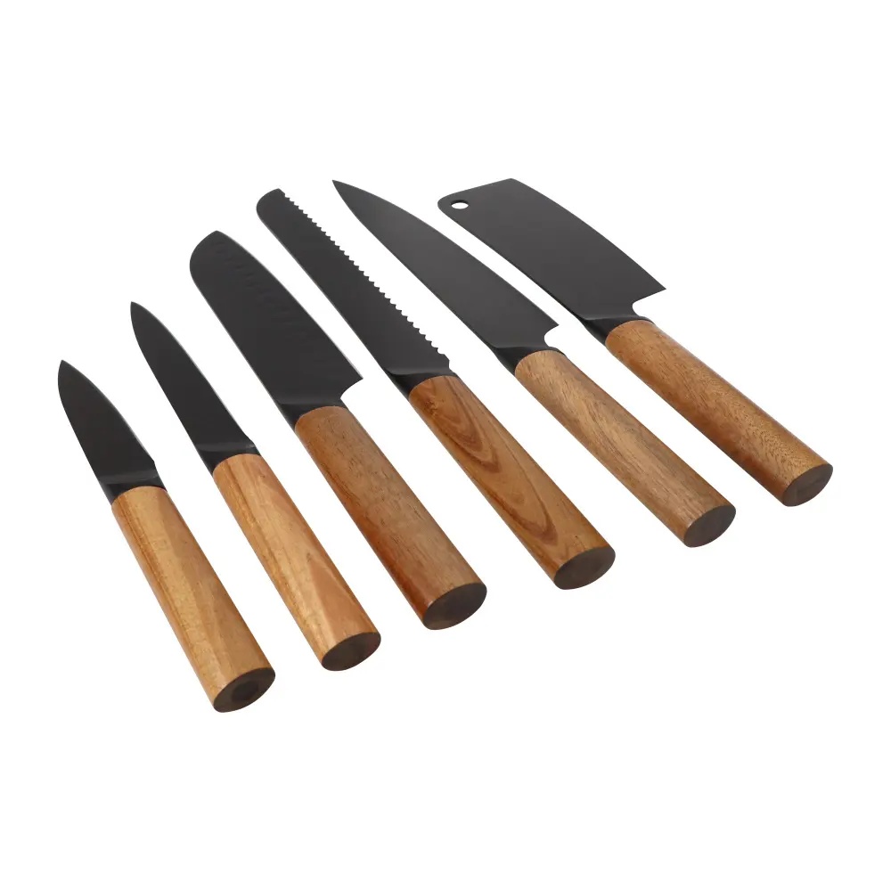 6pcs स्टेनलेस स्टील बबूल की लकड़ी संभाल रसोई के चाकू सेट महाराज रोटी Slicer Santoku उपयोगिता कतरन चाकू सेट