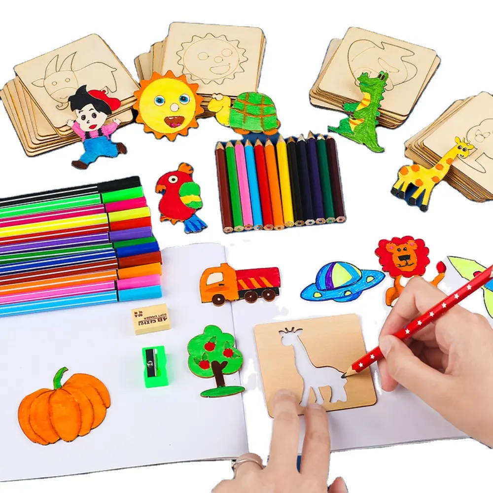 20 pièces Montessori apprentissage éducatif dessin jouets en bois bricolage peinture modèle pochoirs pour enfants cadeau de noël