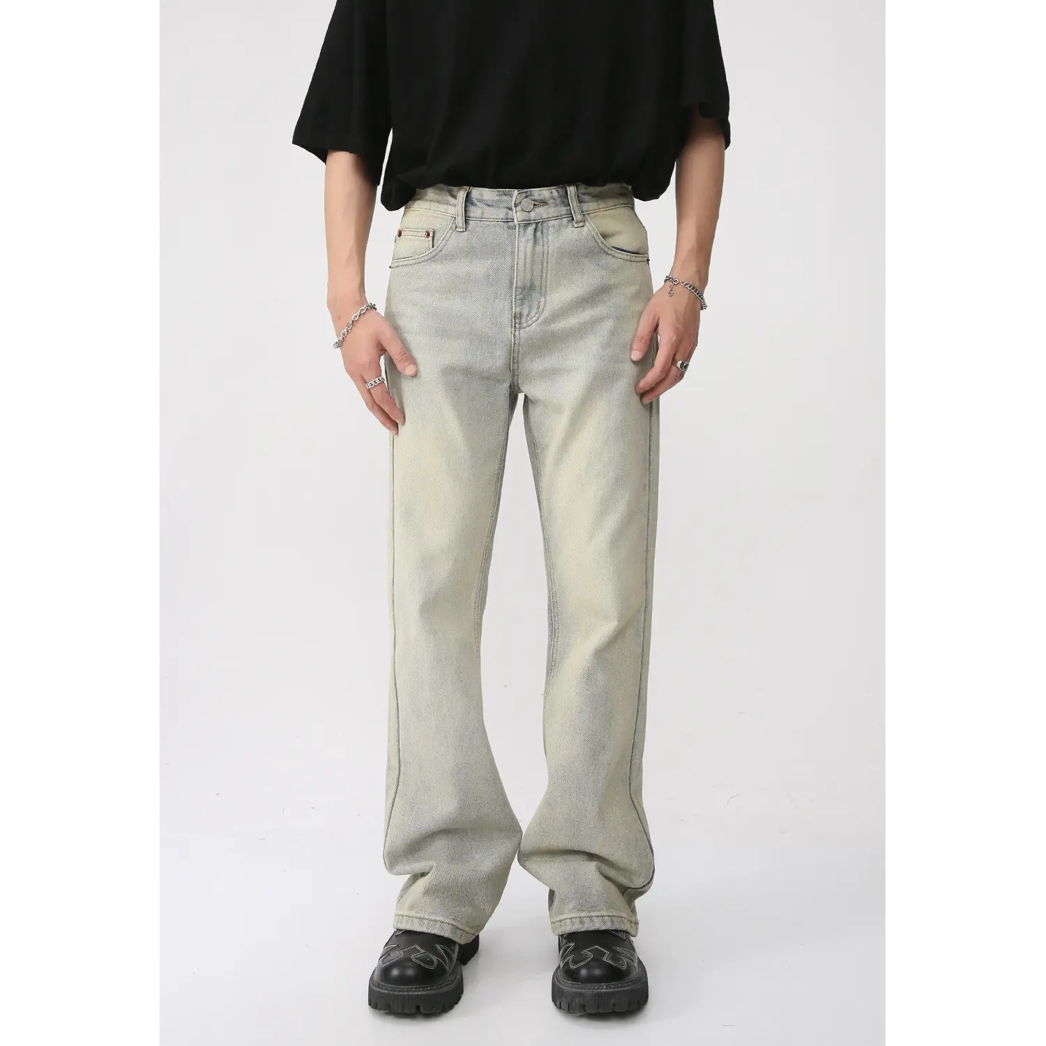 Vêtements pour hommes personnalisés Pantalons jeans en denim à jambes larges Jeans droits et amples délavés jaunes Baggy pour hommes Jeans évasés pour hommes