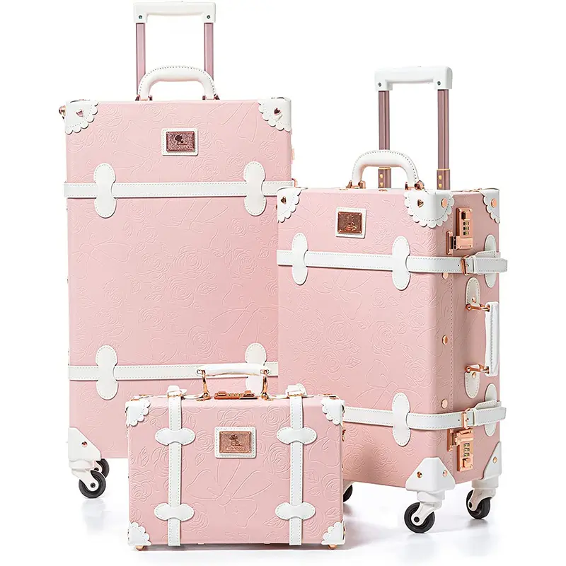 (Goffrato rosa 26 "+ 20" + 12 ") 3 pezzi Set valigia combinazione Vintage guscio rigido Retro bagagliaio bagaglio con borsa da viaggio