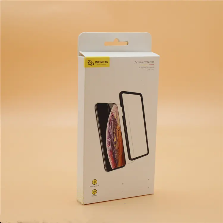 קופסא מתקפלת לוגו מודפס מותאם אישית עם קולב זול מארז טלפון נייד אריזת ציפוי UV הדפסת משי אלקטרוניקה חכמה