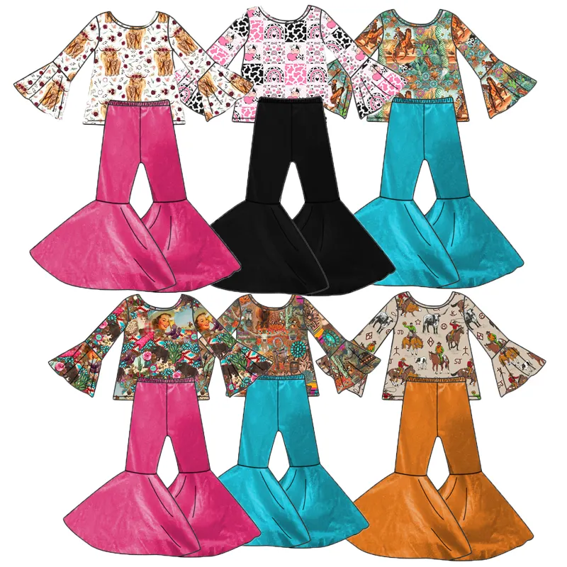 Fuyu girls clothing sets for 11 years old boutique Southern Western Clothes Cowgirl Howdy Velvet Bell Bottom Pants Outfits