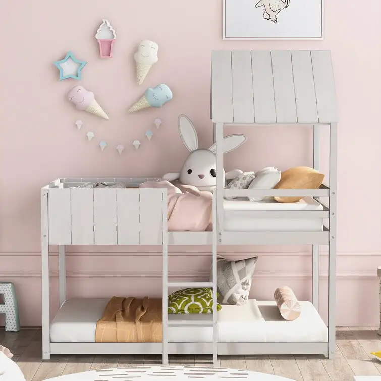 Litera para dormitorio escolar para niños, litera de madera sólida con marco gris