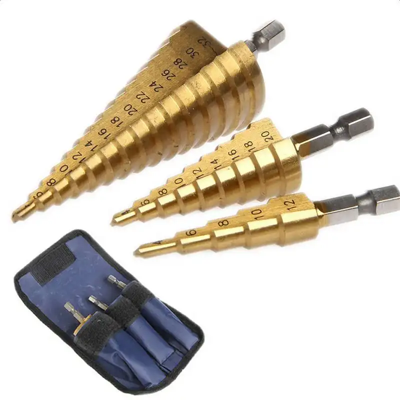 3pc Hss step drill bit set cone hole cutter Taper 4 - 12 / 20 / 32mm titanium coated metal hex core drill bits