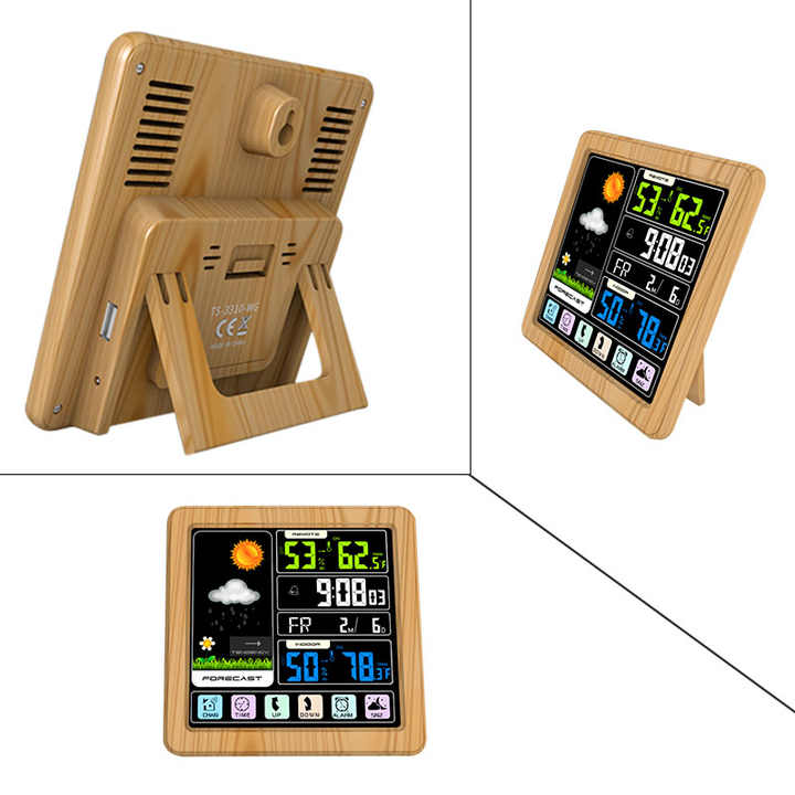 Digital Color Screen Weather Station Wooden Snooze Alarm Clock with RF Sensor