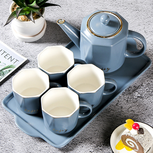 陶瓷茶和咖啡杯，带510毫升壶290毫升茶碟套装蓝色陶瓷洗碗机，家庭使用安全 - Product Image 2
