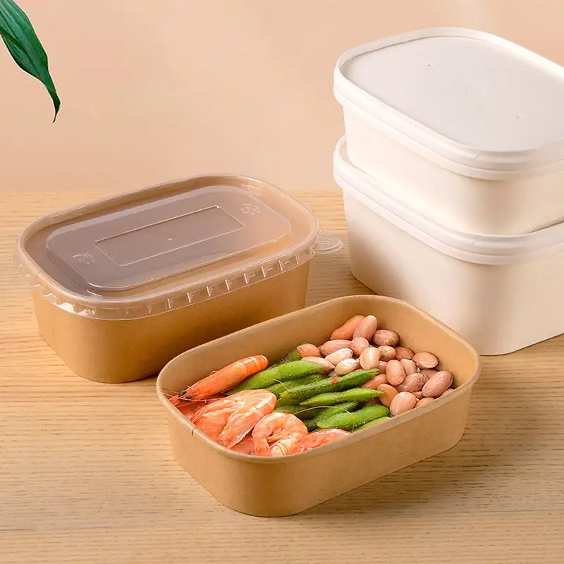 Reciclável papel kraft lancheira retangular bento fast food embalagem caixa espessada salada tigela de proteção ambiental