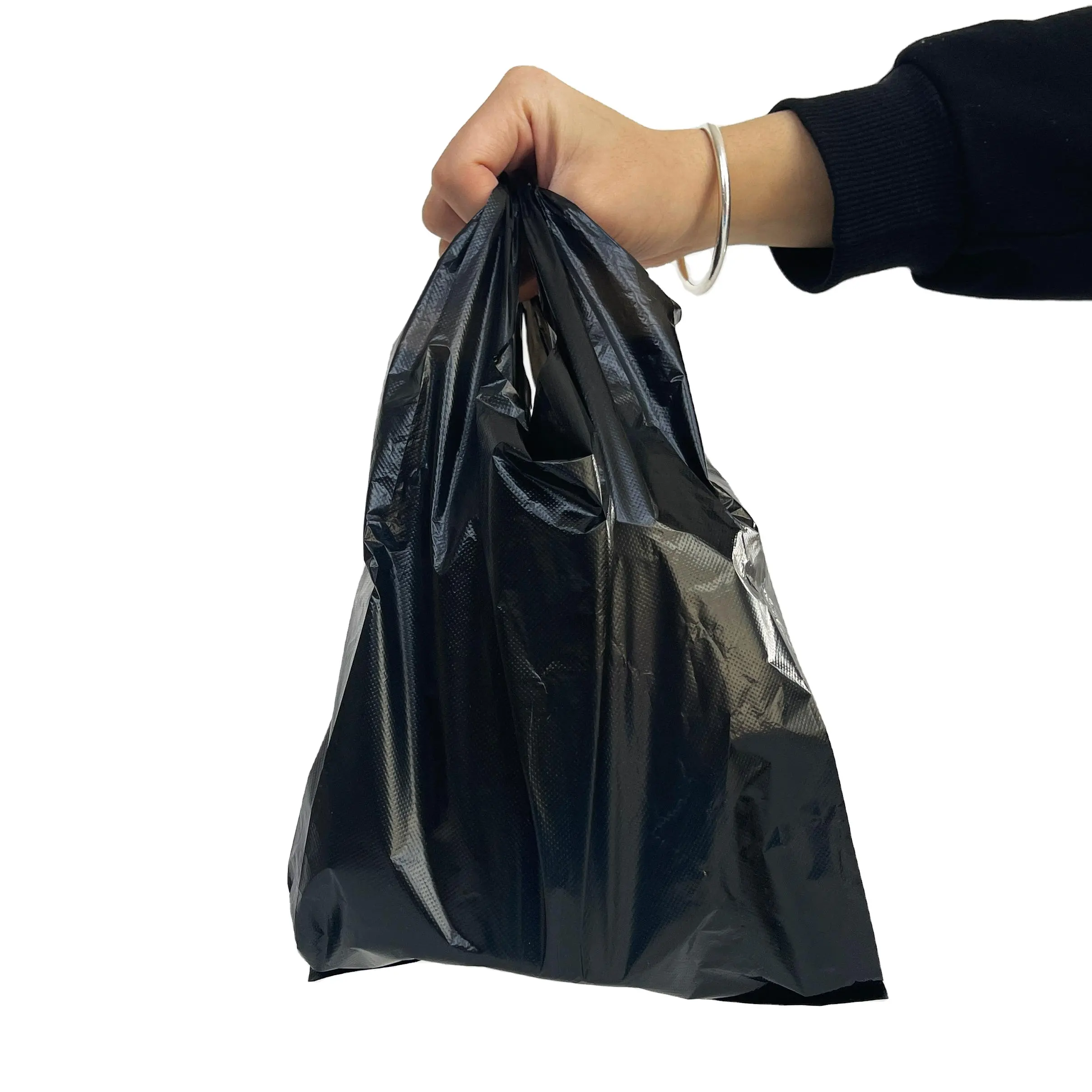 מפעל ישירות פלסטיק שחור פלסטיק t חולצה תיק קניות שקיות עם לוגו סופרמרקט שקיות