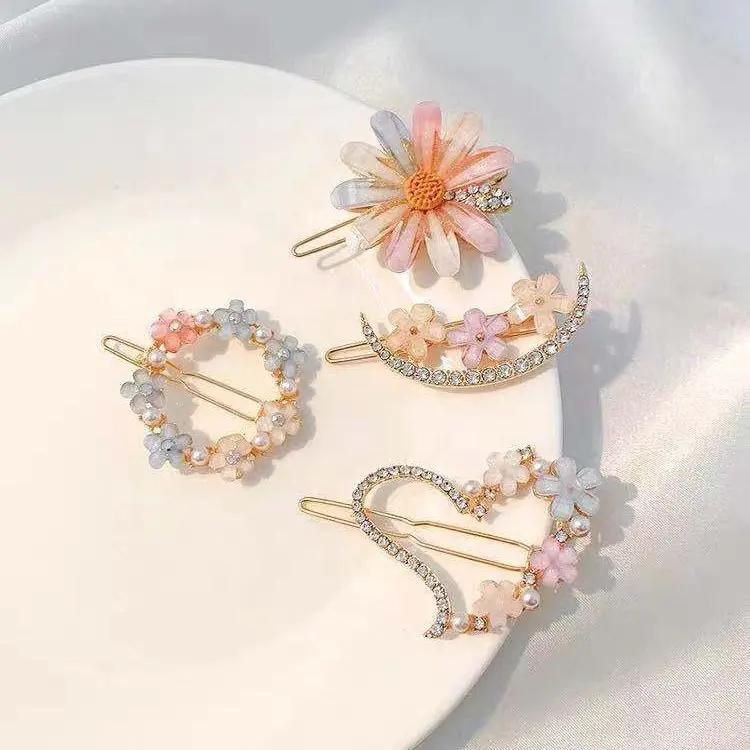 Horquillas con diamantes de imitación para niña y mujer, pinzas para el pelo con flores, accesorios para el cabello, perlas de resina acrílica