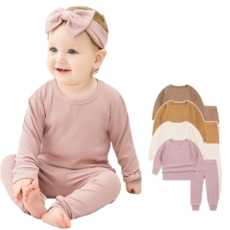 Fábrica Personalizado bebê primavera e outono planície Crianças Pjs bambu das meninas Sleepwear bebê Pijama Set conjunto de roupas infantis