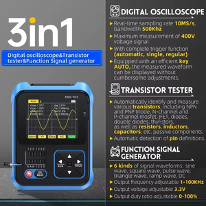 FNIRSI-Probador de transistores de osciloscopio digital, generador de señal 3 en 1 500Khz 10MSa/s, resistencia de condensador, diodo, salida de 100K - Product Image 2
