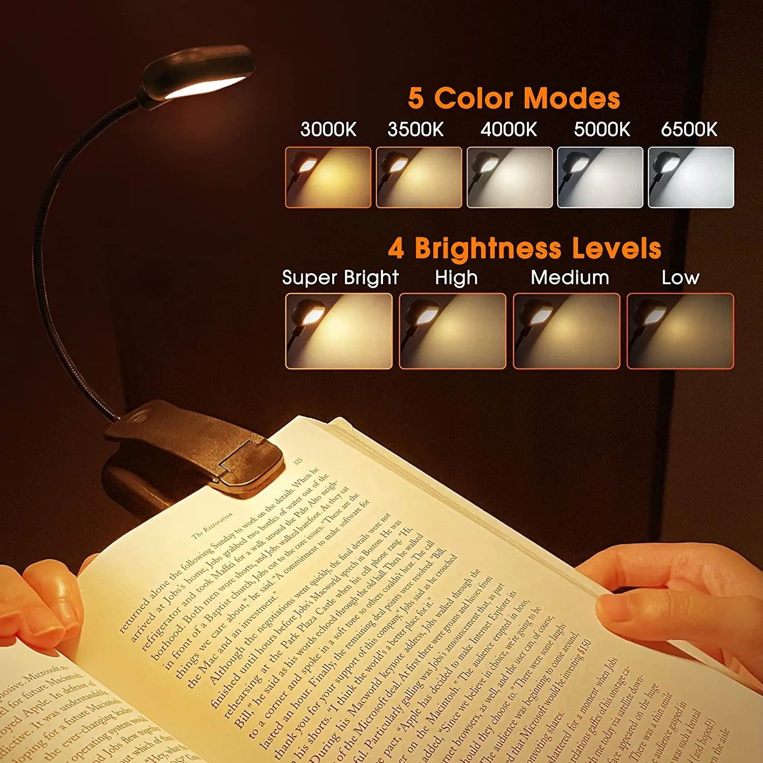 LOHAS 14 LED 책 조명 USB 책 독서 램프 4 침대에서 독서를위한 밝기 밝기 조절이 가능한 유연한 책 조명