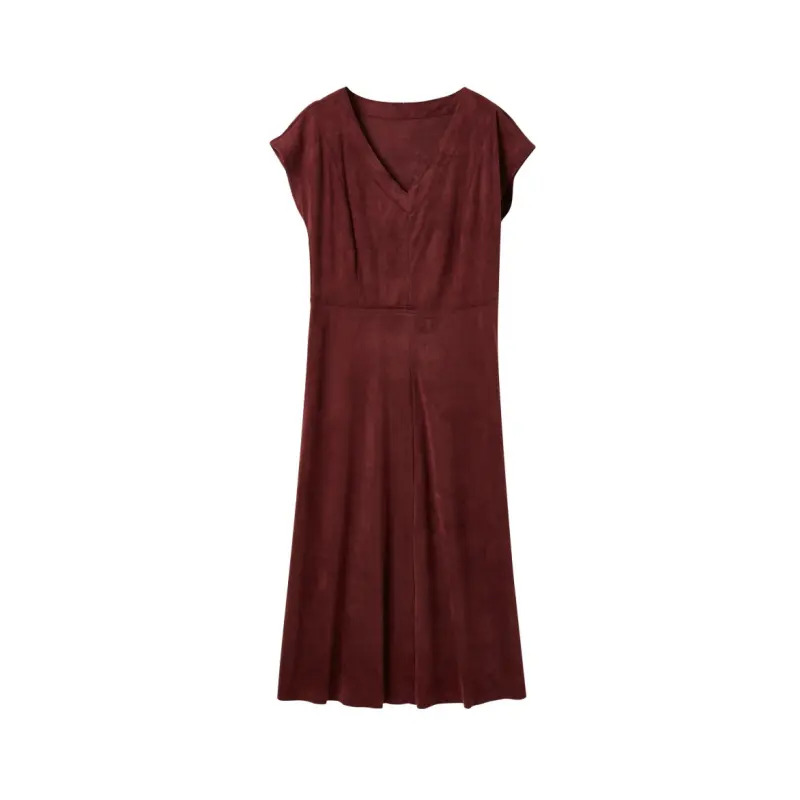 Hochwertiges Damen-Vintage-Sommerkleid solide Farbe V-Ausschnitt ärmellos A-Line Wildleder lässiger Stil einfaches langes Gewebedesign