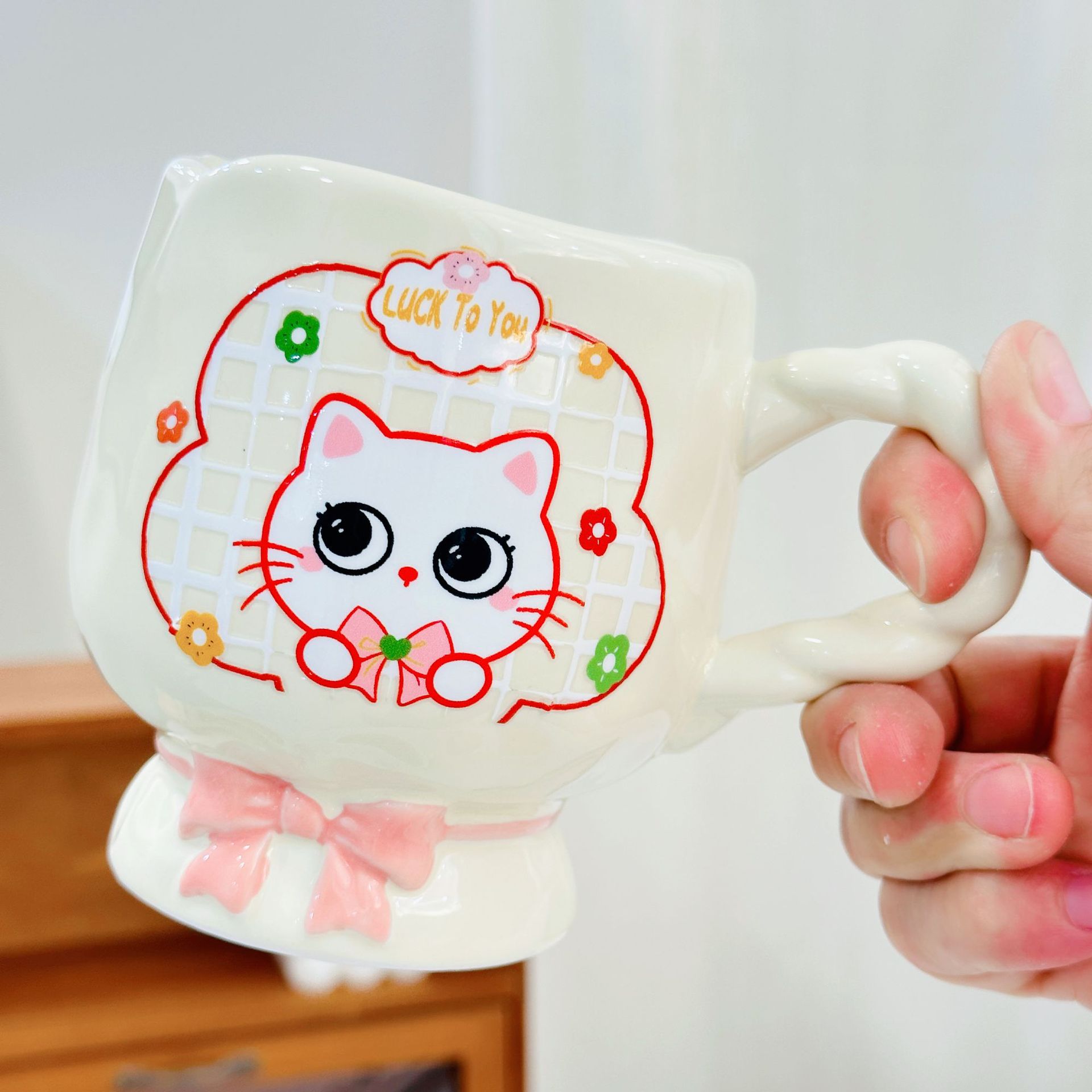 Gobelet chat bowknot rose