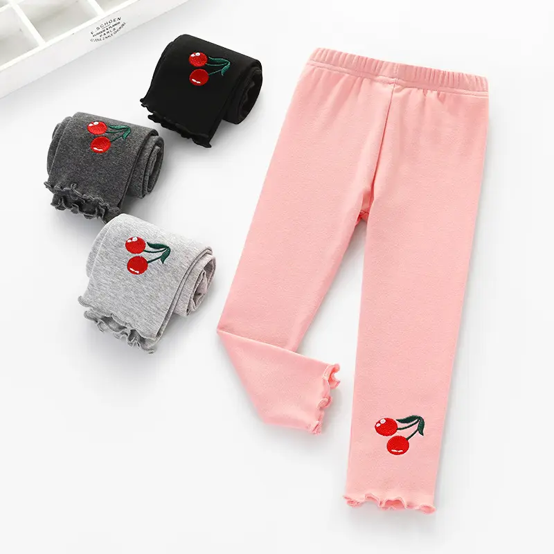 2022 New Children Wear Young Girls Tights Leggings Mid-waist Autumn Cherry Embroidered Pants Girl Leggings