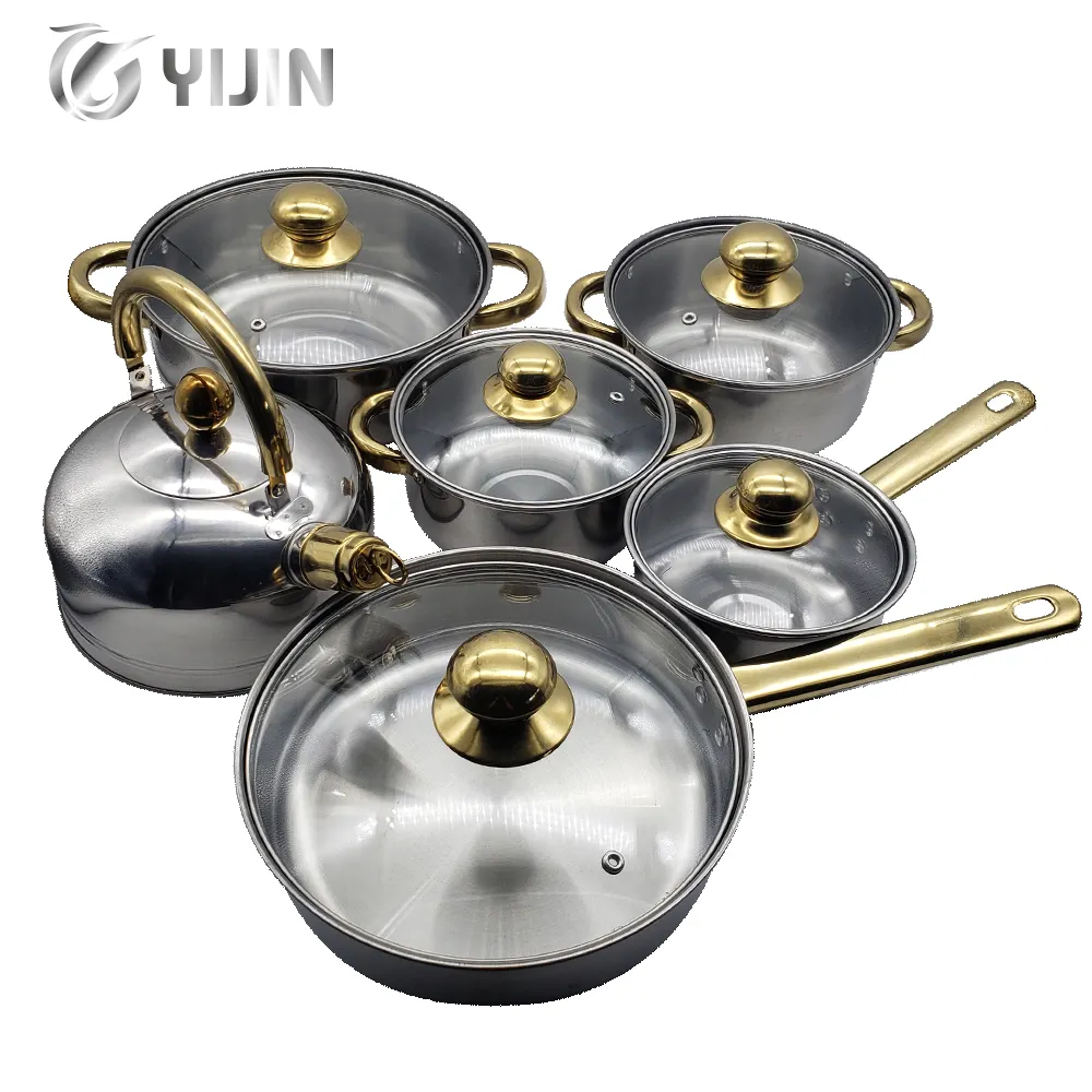 12ピースキッチン調理鍋セット焦げ付き防止フライパンステンレス鋼ゴールド調理器具セット