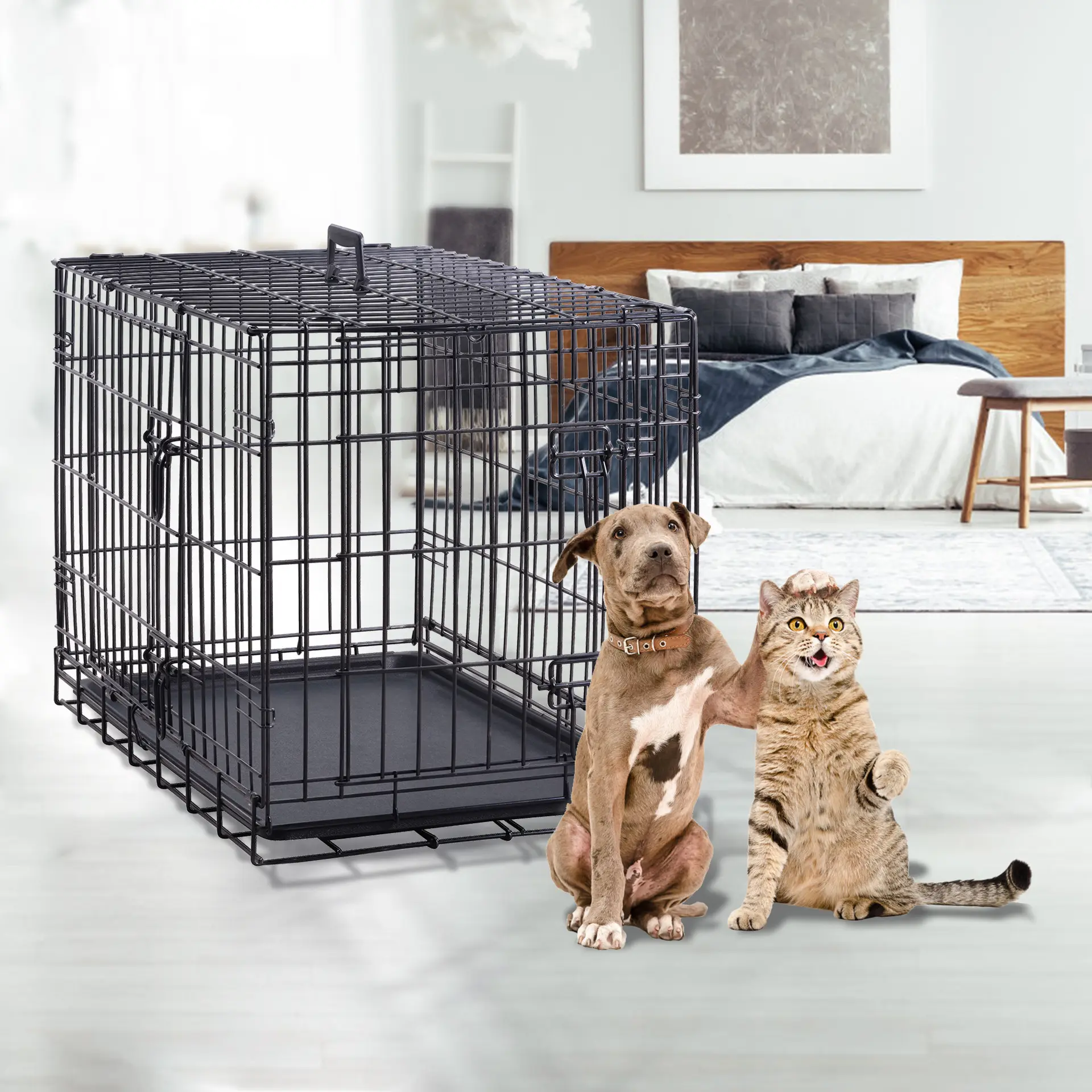 Dog Crate bao gồm Leak-proof Pan sàn bảo vệ chân lớn Dog Cage kim loại đôi cửa gấp kim loại Dog kennel