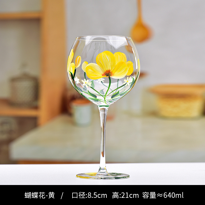 Verre à vin rouge fleur de papillon jaune peint à la main
