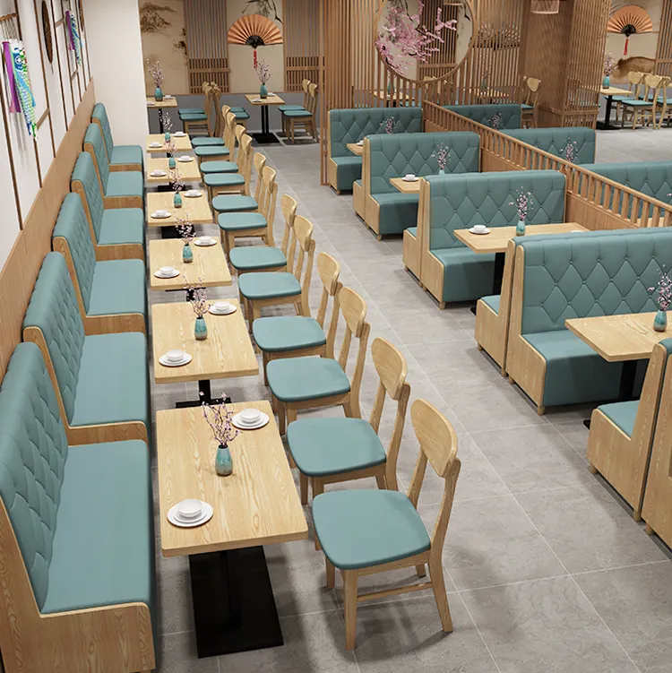 Assento de cabine de restaurante estilo japonês e ocidental, mesa e cadeira de madeira, café personalizado, padrão chinês, móveis modernos para restaurante