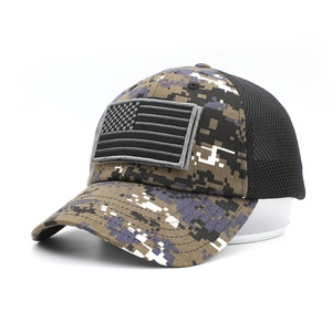 Bordir Kustom Bendera AS Topi Taktis <span class=keywords><strong>Camo</strong></span> Jaring Sandwich Lembut Lembut Topi dengan Penutup Lingkaran