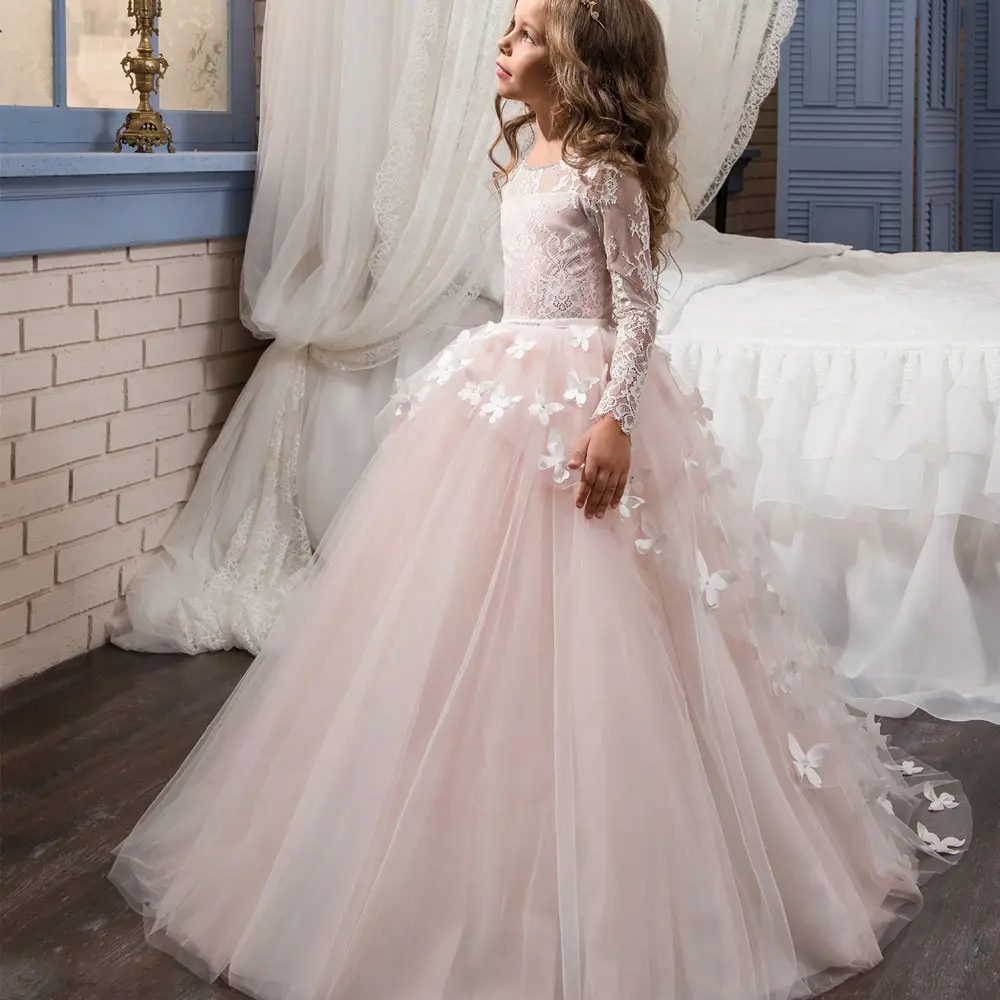 Robe longue de soirée de luxe pour enfants et filles Robes de demoiselle d'honneur en dentelle Robe de baptême de première communion