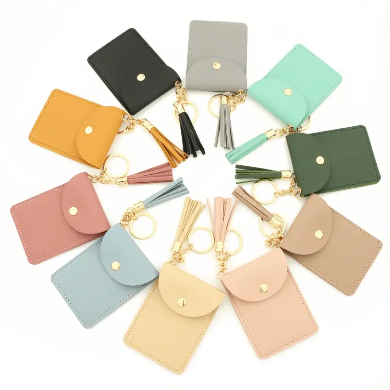 Wholesale Custom Leather Tassel Mini Pocket Wallet PU Leather Card Cover Card Holder Keychain For Women