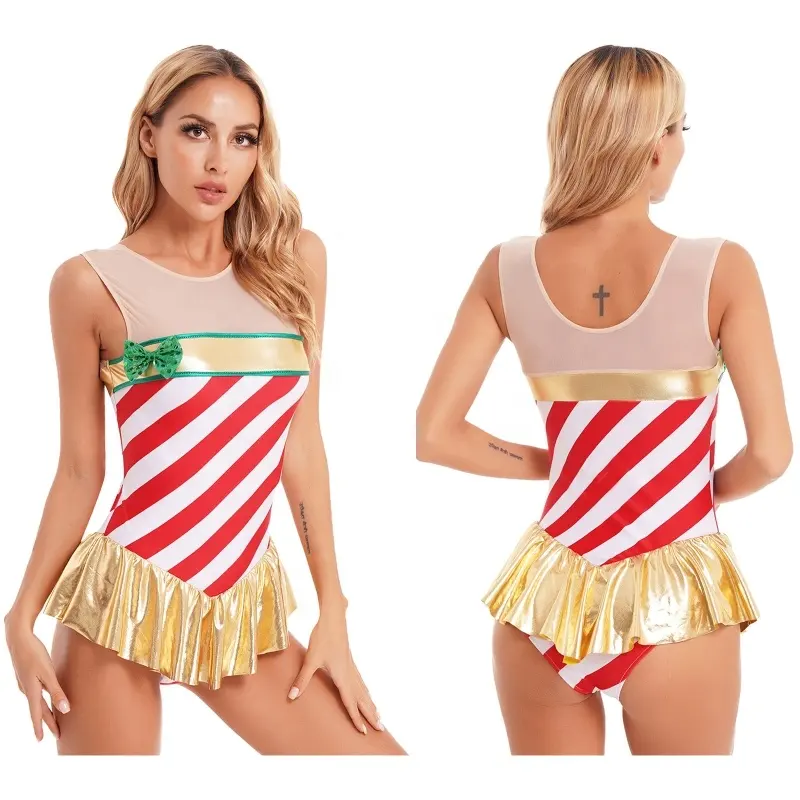 Vestido de baile a rayas de retazos para mujer, traje sin mangas con volantes para Navidad, actuación en escenario, ropa de baile, leotardo