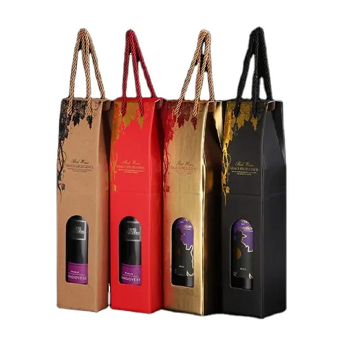 Sampel Gratis Pabrik High End Logo Kustom Hadiah Kertas Tas Anggur dengan Pegangan OEM Botol Tunggal Kotak Kertas Anggur dengan Kertas Kraft