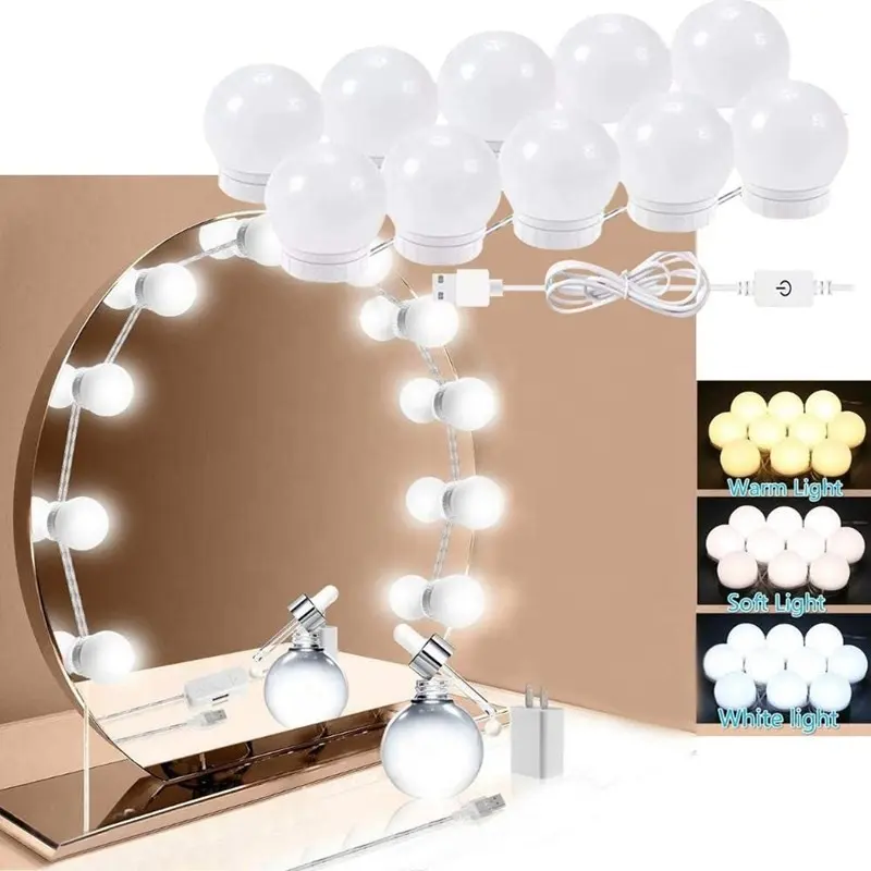 Luminaires LED de Style Hollywood pour miroir de courtoisie, 10 ampoules Dimmable, à monter soi-même, Style Hollywood, avec USB, bande fixateur pour salle de bains, nouveauté