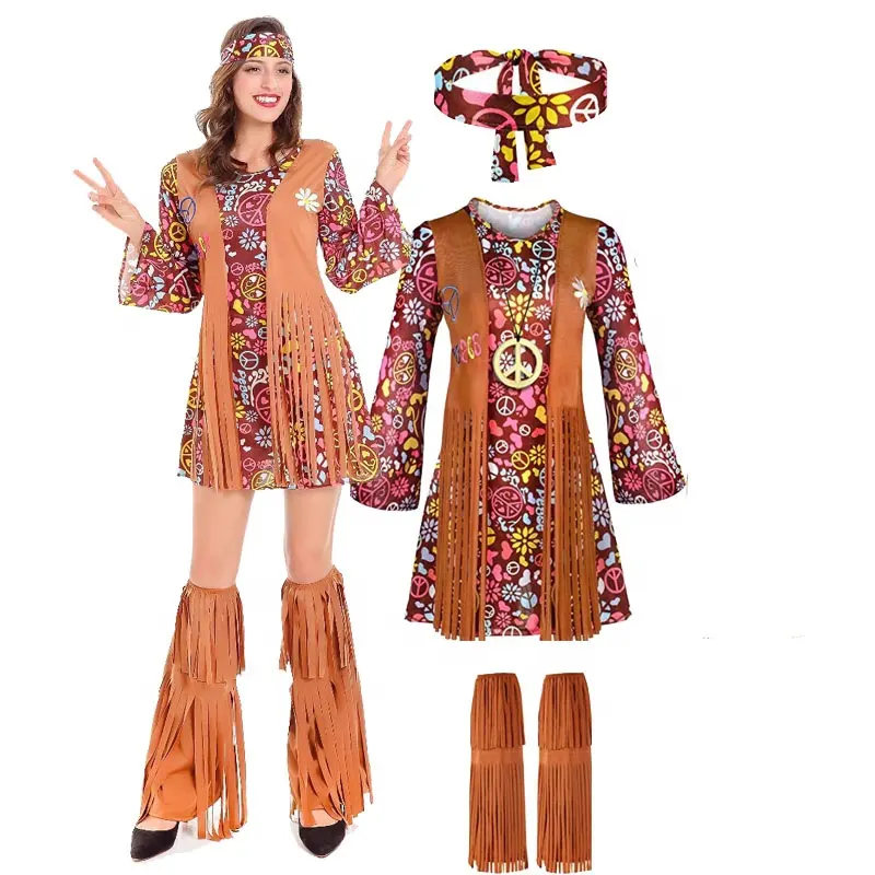 Ecowalson fantasia hippie feminina, traje de hippie 60s 70s, festa, disco, retrô, ranhuras 1960s, vestido fantasia