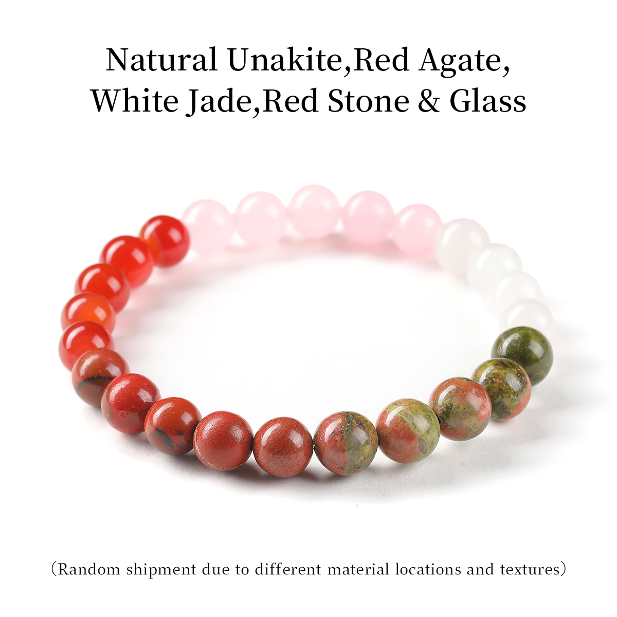 Unakite naturel, agate rouge, jade blanc, pierre rouge, verre