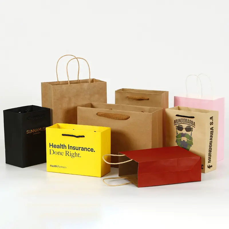 Перерабатываемые удобные пакеты из крафт-бумаги, многоразовые бумажные пакеты для покупок, дешевые бумажные пакеты для покупок с принтом логотипа