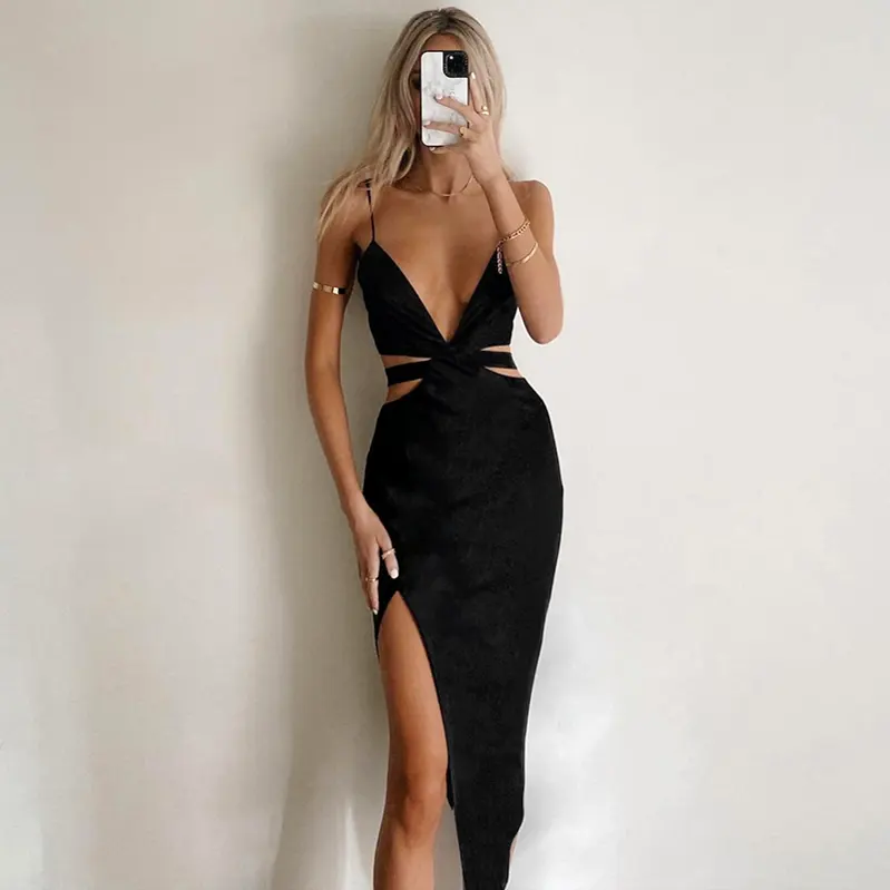 Las mujeres de la correa de espagueti Sexy sin espalda vestido Maxi verano Bodycon Vestidos de Fiesta Club elegante hueco Vestido de playa vestido de 2016