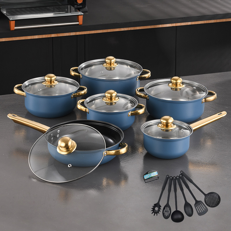 Azul 18 piezas - Olla para leche de 16 cm - Olla para sopa de 18/20/22/24 cm - Sartén de 24 cm
