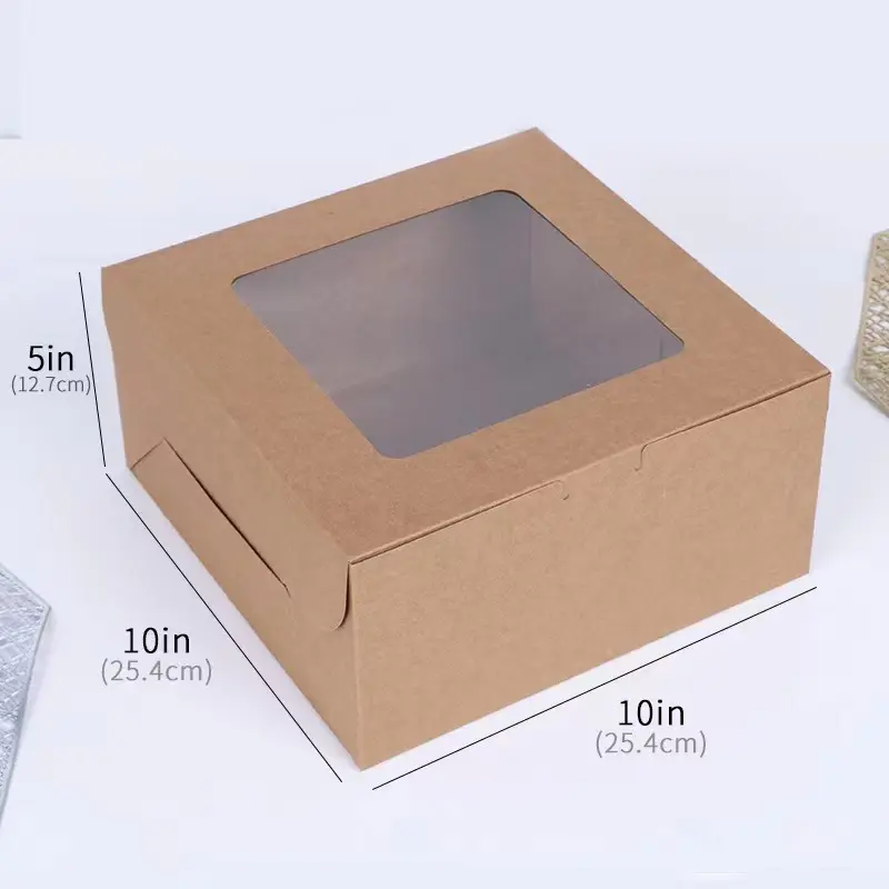 Fábrica de transporte rápido kraft bolo caixa clara janela PET embalagem papel bolo caixas 10 polegadas caixa com bandeja