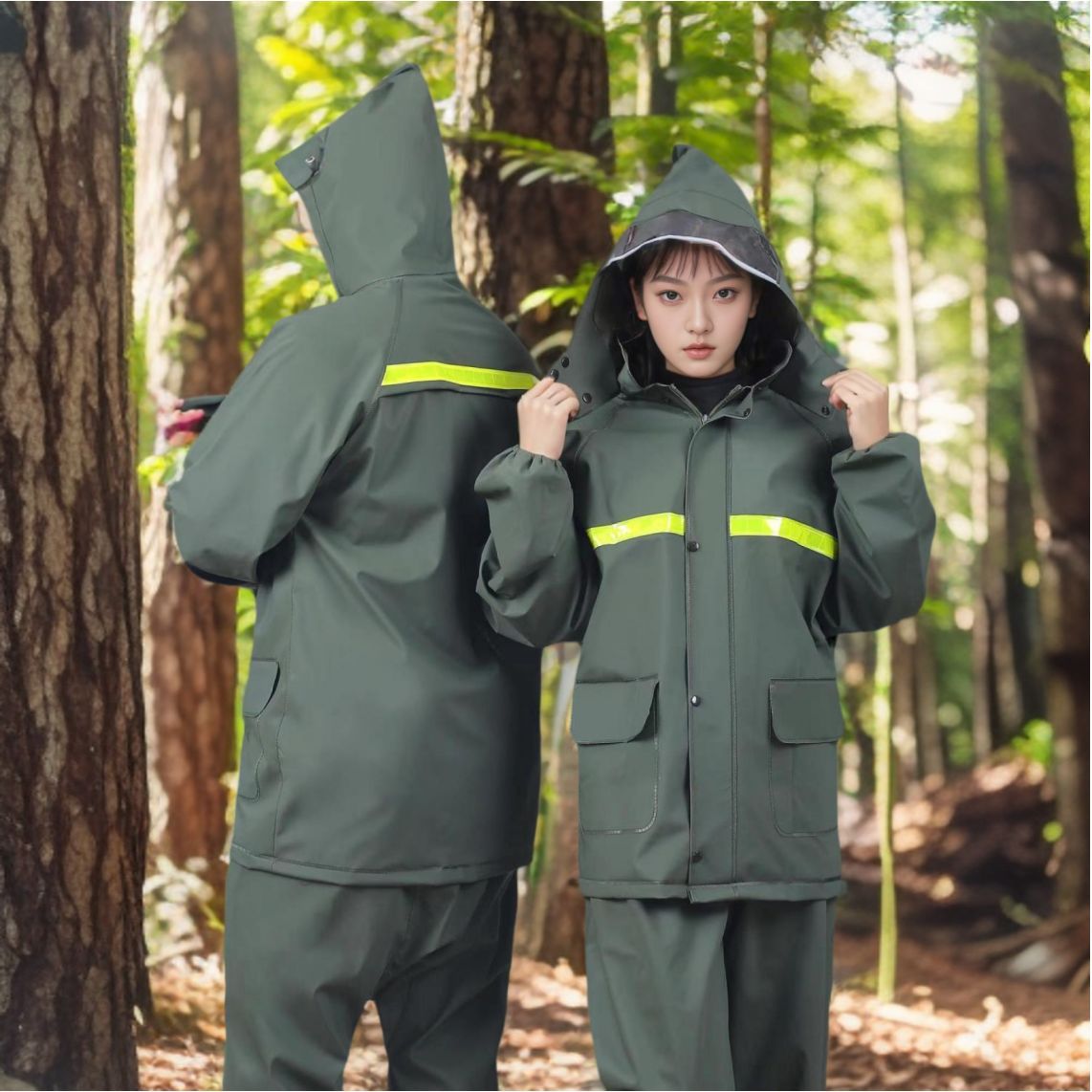 green Suit with Extra-Thick Reflective Strips and Dual Pockets