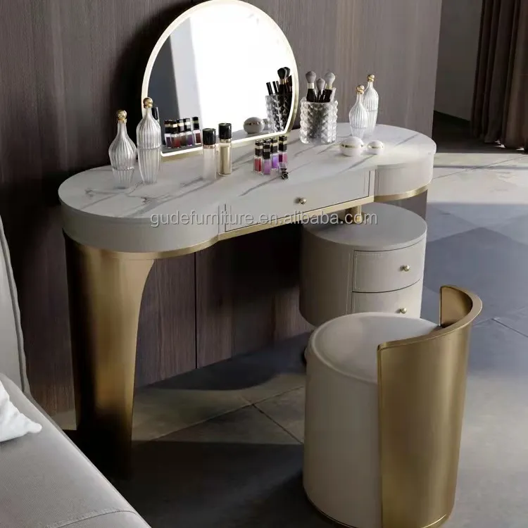 Akeup-tocador de cuero con espejo, mesa de lujo blanca con espejo oculto, tocador antiguo