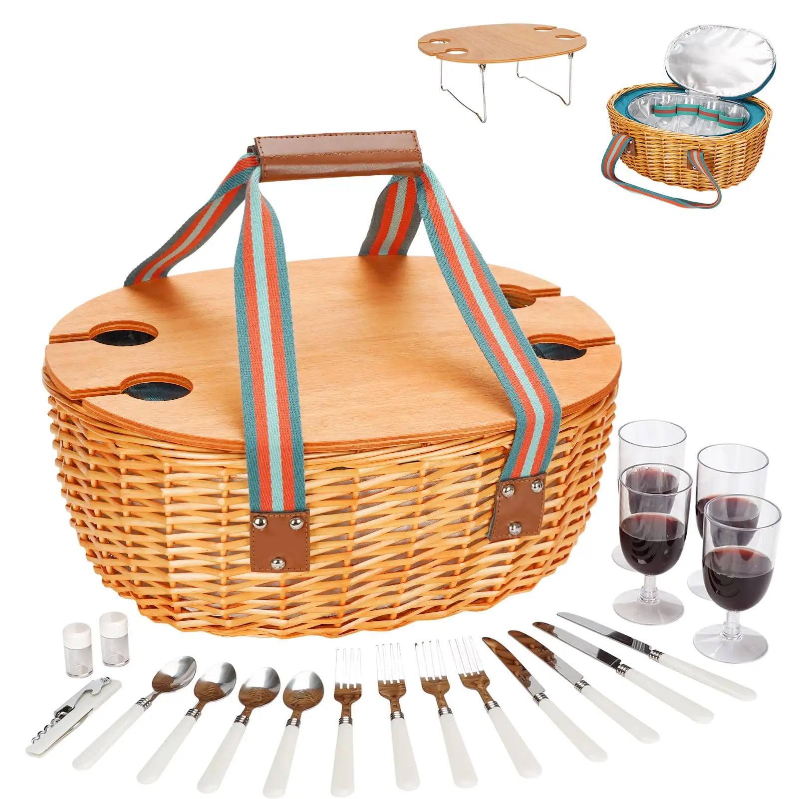 Комплект Для Пикника Из 4 человек, Бамбуковая Виноградная плетеная корзина для уличной вечеринки, складная бамбуковая корзина для винного стола, наборы корзин для пикника