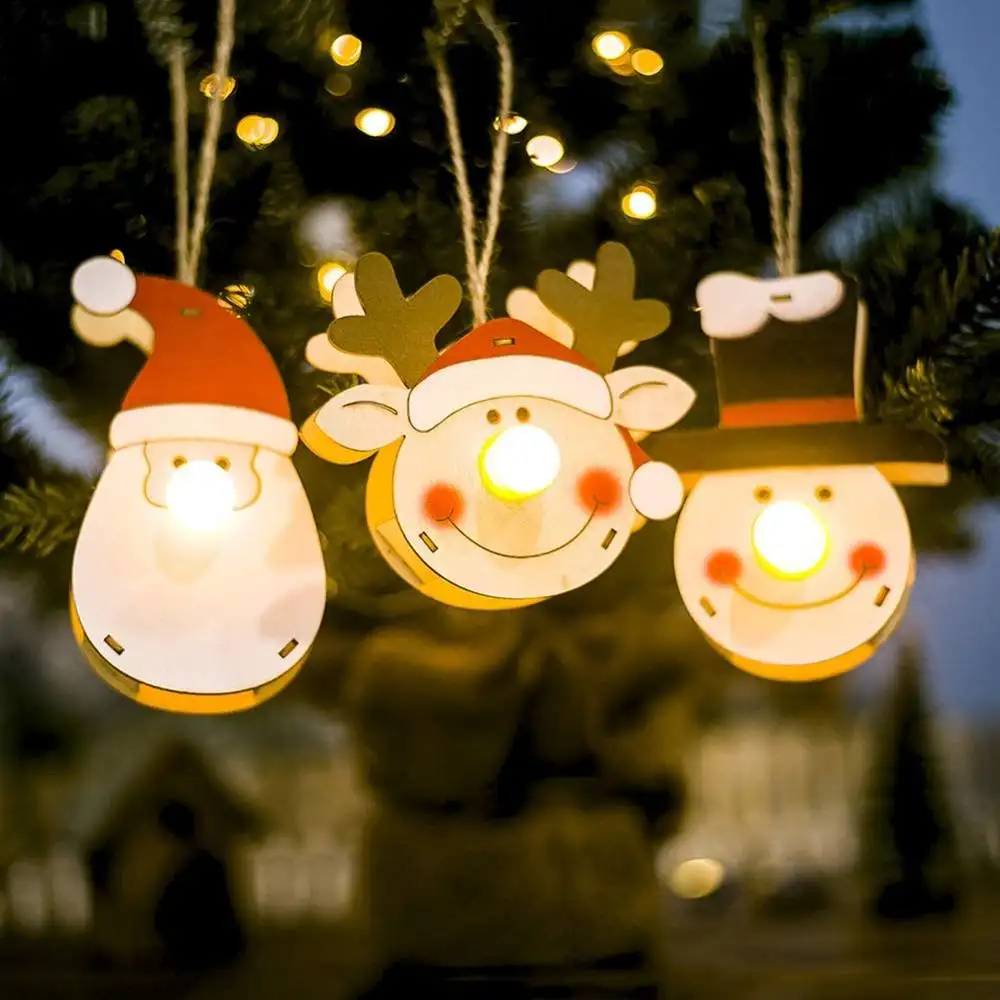 Colgante brillante pintado en madera de Pafu, luces creativas de madera, muñeco de nieve, Papá Noel, LED, colgante para fiesta, decoración de árbol de Navidad
