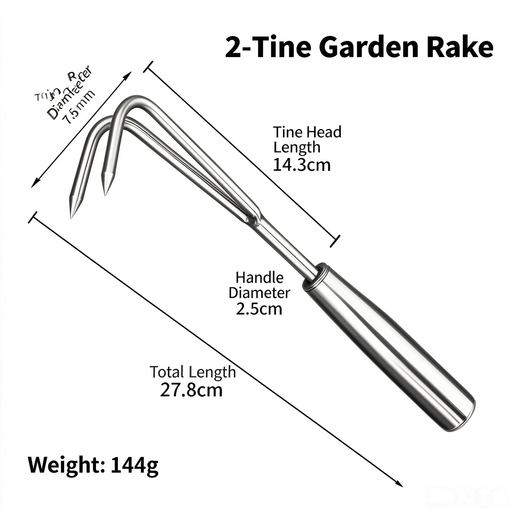Râteau cultivateur amovible en acier inoxydable à 2 dents (144 g)