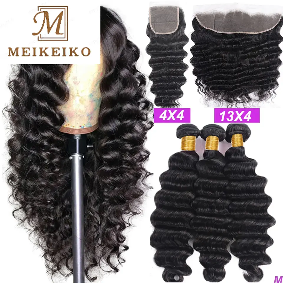 Paquet de cheveux humains brésiliens de couleur naturelle Bouncy Deep Wave Curl Double Drawn Paquet de cheveux humains avec Frontal