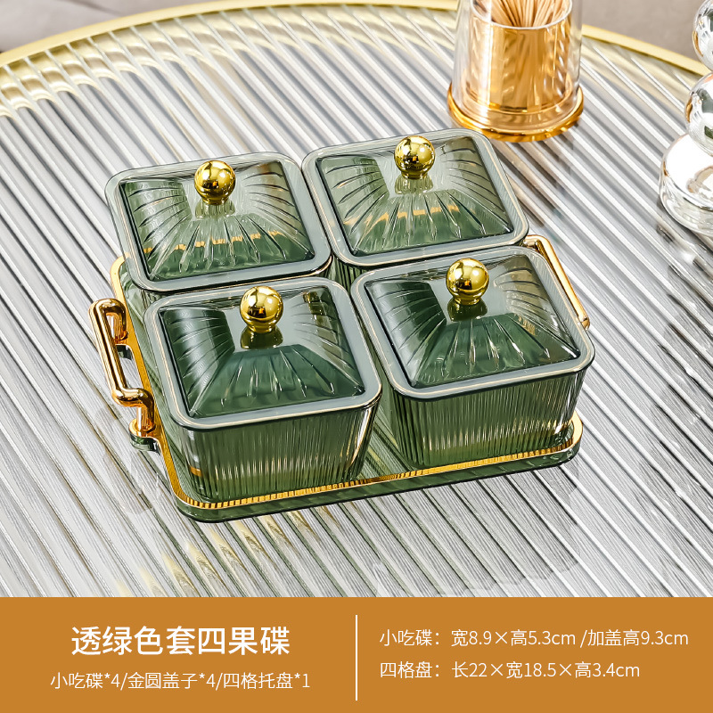 Fruit green square four-compartment dish with lid PS