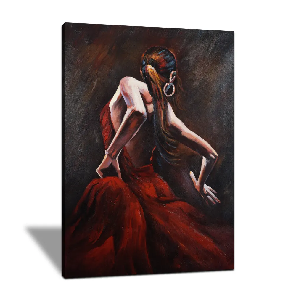 Toile murale peinte à la main, Reproduction d'art fait à la main, robe de danseuse Flamenco espagnole, peinture à l'huile rouge
