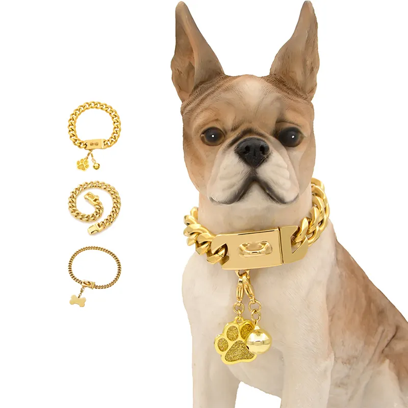 Collare a catena per cani di grossa taglia in oro con collegamento cubano hardware per collana in acciaio inossidabile su misura