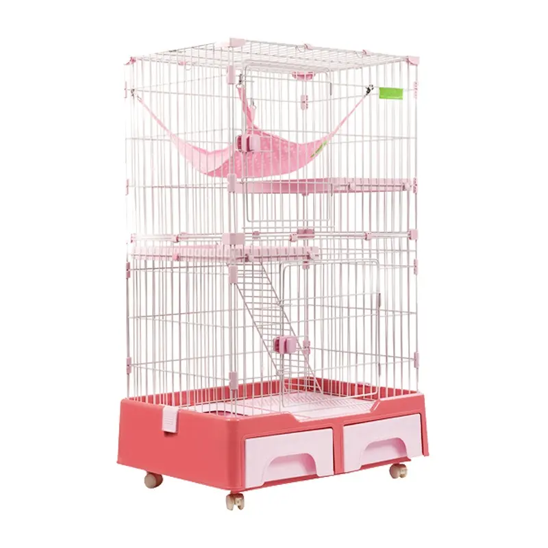 Precio de fábrica grande de Pet caja de 3 niveles jaula de gato corralito de alambre de Metal con cajones para las tiendas de mascotas