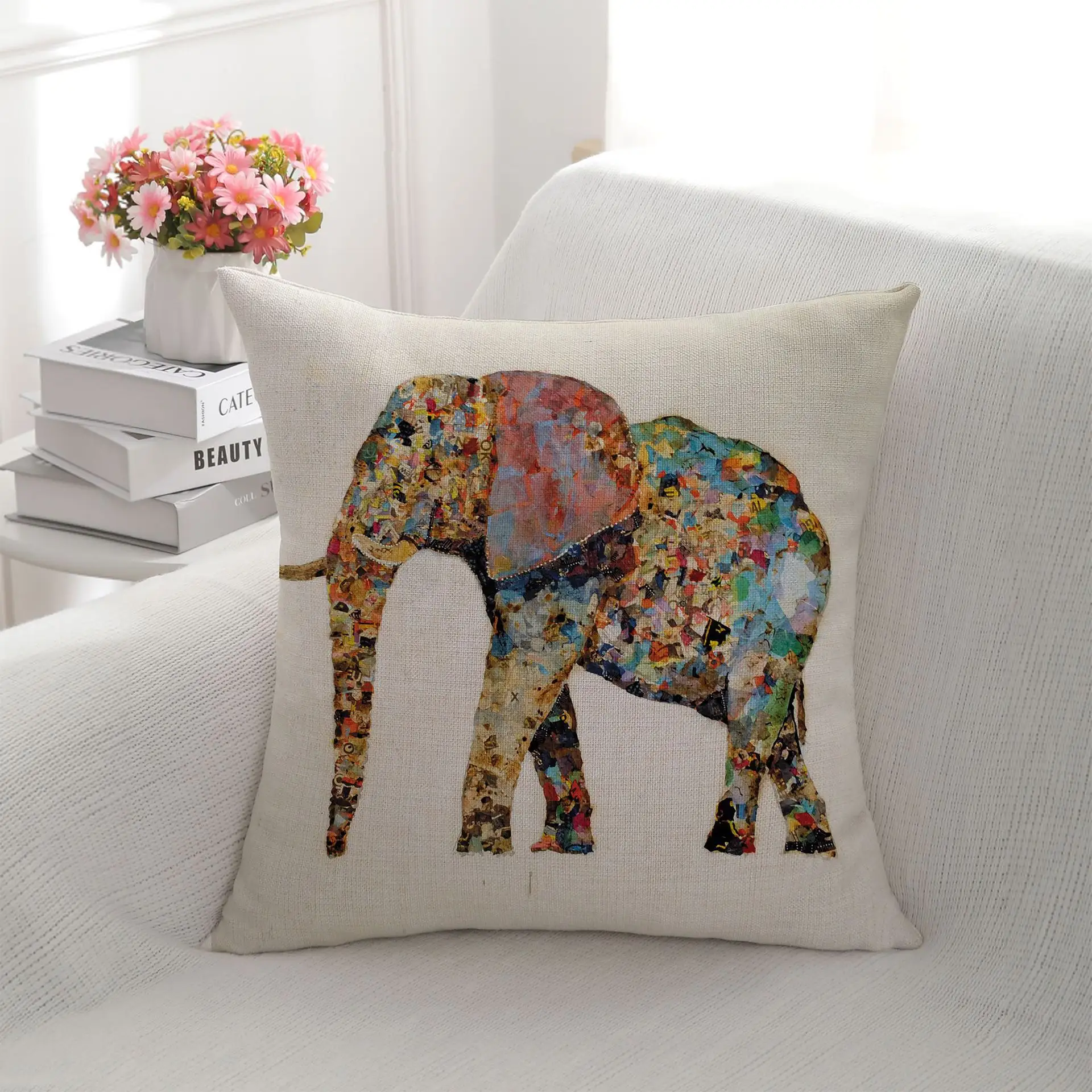 Fodera per cuscino stampata digitale con motivo a elefante grande stile Vintage di vendita calda 45*45cm fodera per cuscino quadrato